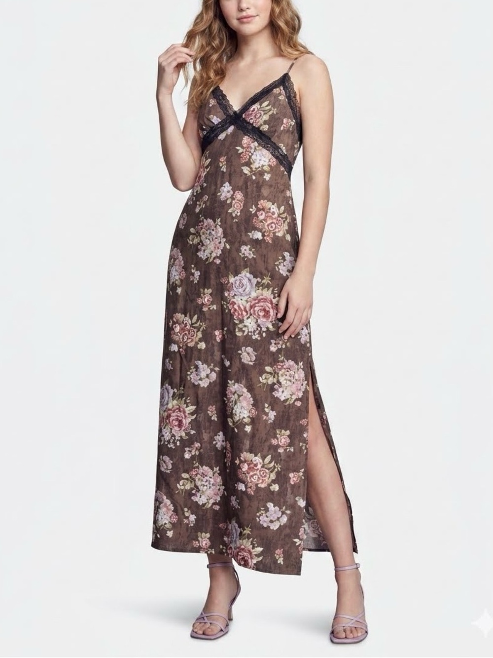 Brock Collection X H&M Brown Floral Lace Trim Maxi Slip Dress Size S
